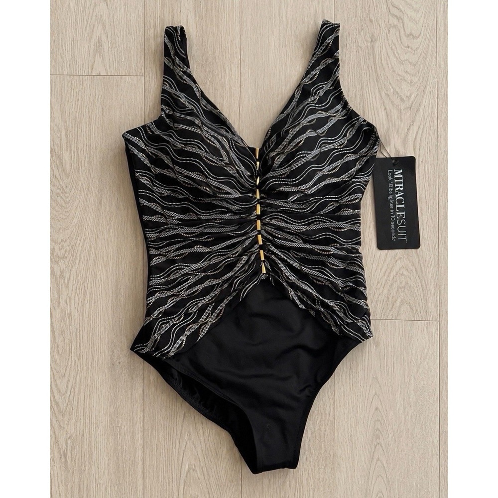 Miraclesuit Linked In Charmer Swimsuit Size 16 Black Gold NWT $198